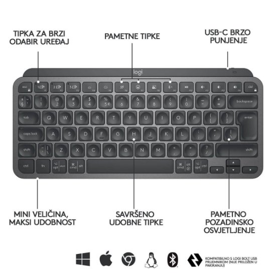 Tipkovnica LOGITECH MX Keys mini, brezžična, BT, siva