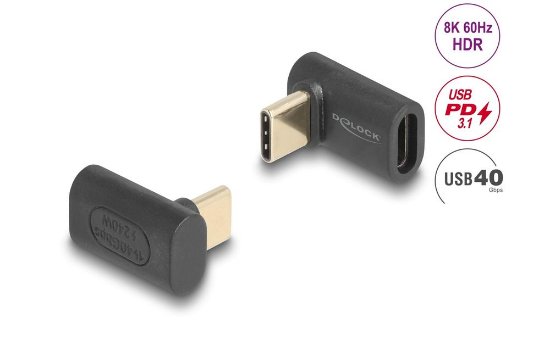 Adapter DELOCK, USB-C (M) na USB-C (Ž), kotni, 90°, črni