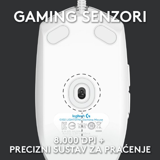 Miška LOGITECH Gaming G102 Lightsync, optična, 8000dpi, bela, USB