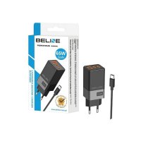 Polnilec BELINE BLN3CB65C GaN, 65W, PD3.0/QC3.0, 2xUSB-C + USB-A, USB-C kabel, črni