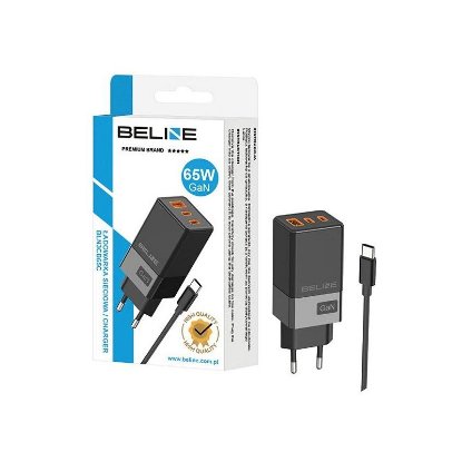 Polnilec BELINE BLN3CB65C GaN, 65W, PD3.0/QC3.0, 2xUSB-C + USB-A, USB-C kabel, črni