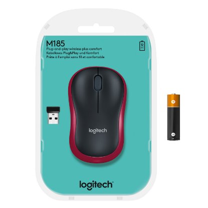 Miška LOGITECH M185, optična, brezžična, 1000dpi, crno-rdeči