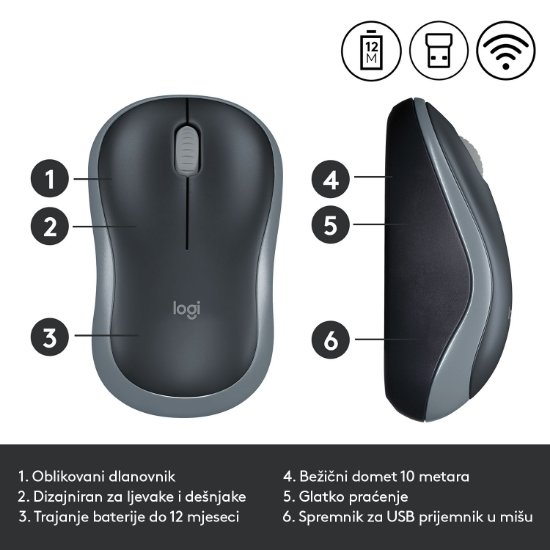 Miška LOGITECH M185, optična, brezžična, 1000dpi, crno-siva