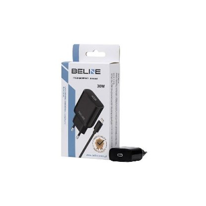 Polnilec BELINE BLNCB30L GaN, 30W, PD3.0, USB-C, Lightning kabel, črni