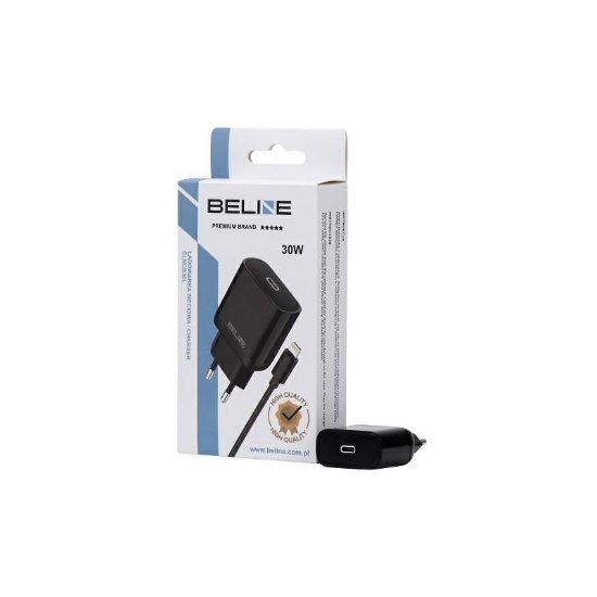 Polnilec BELINE BLNCB30L GaN, 30W, PD3.0, USB-C, Lightning kabel, črni