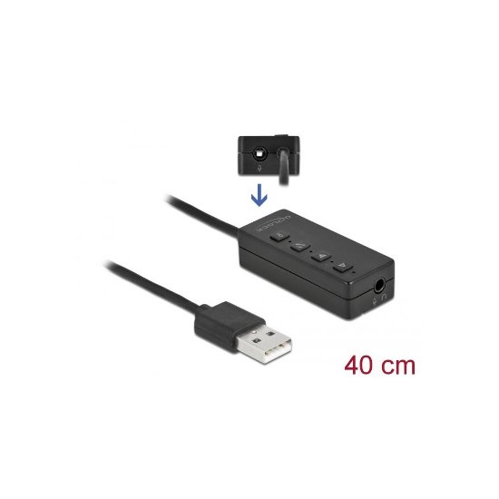 Adapter DELOCK, USB-A (M) na 2x3.5mm (Ž), 0.4m, črni