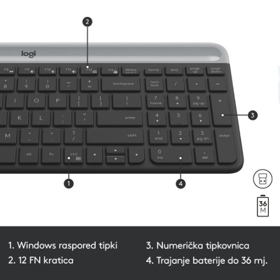 Tipkovnica + miška LOGITECH MK470 Slim Wireless, brezžična, črna