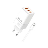 Polnilec BELINE BLN3CW65C GaN, 65W, PD3.0/QC3.0, 2xUSB-C + USB-A, USB-C kabel, beli
