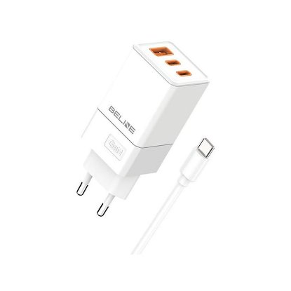 Polnilec BELINE BLN3CW65C GaN, 65W, PD3.0/QC3.0, 2xUSB-C + USB-A, USB-C kabel, beli