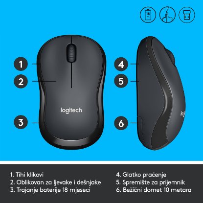 Miška LOGITECH M220 Silent, optična, brezžična, črna, USB