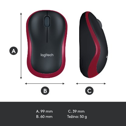 Miška LOGITECH M185, optična, brezžična, 1000dpi, crno-rdeči