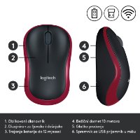 Miška LOGITECH M185, optična, brezžična, 1000dpi, crno-rdeči