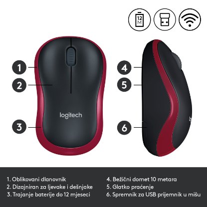 Miška LOGITECH M185, optična, brezžična, 1000dpi, crno-rdeči