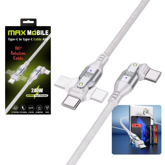 Kabel MAXMOBILE A04 USB-C (M) na USB-C (M), 240W, 5A, 1,2m, rotacijski, bel