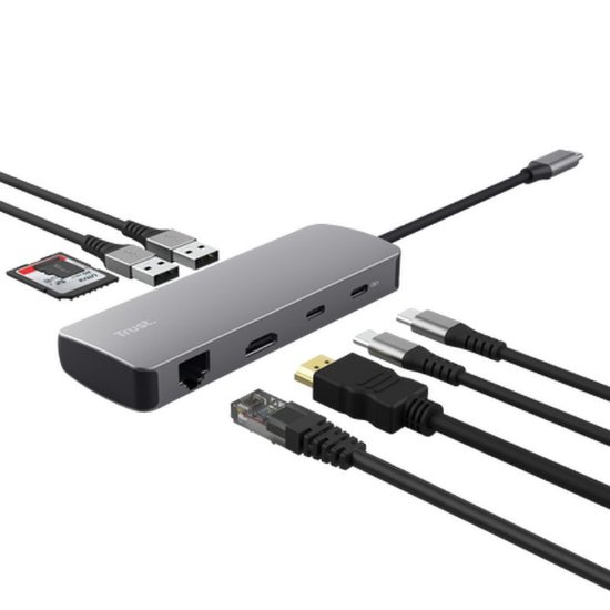 Postaja za priklop TRUST Dalyx, 8 v 1, USB-C na 2x USB 3.1, 2x USB-C, HDMI, LAN, čitalec kartic
