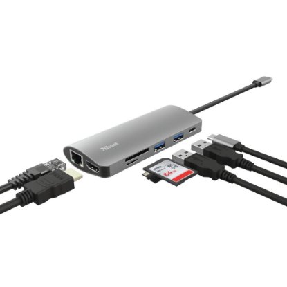 Postaja za priklop TRUST Dalyx, 7 v 1, USB-C na 2x USB 3.1, USB-C, HDMI, G-LAN, čitalec kartic, za prenosnik