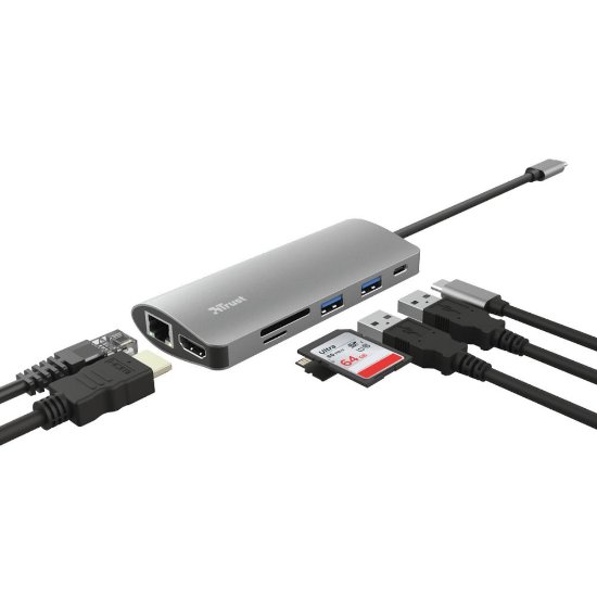 Postaja za priklop TRUST Dalyx, 7 v 1, USB-C na 2x USB 3.1, USB-C, HDMI, G-LAN, čitalec kartic, za prenosnik