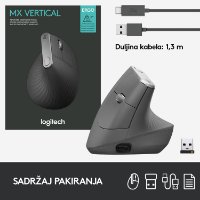 Miška LOGITECH MX Vertical Advanced Ergonomic, optična, brezžična, USB, črna