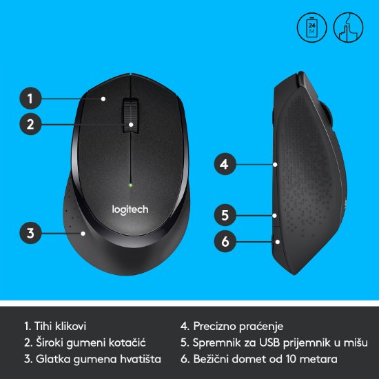 Miška LOGITECH M330 Silent Plus, optična, 1000dpi, brezžična, črna, USB