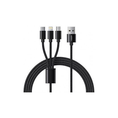 Kabel VEGER V303, 3u1 USB-A 2.0 (M) na microUSB/USB-C/Lightning, 1,2m, pleteni črni