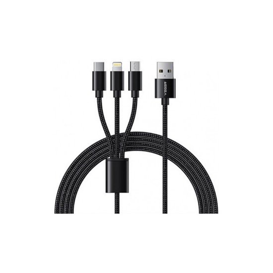 Kabel VEGER V303, 3u1 USB-A 2.0 (M) na microUSB/USB-C/Lightning, 1,2m, pleteni črni