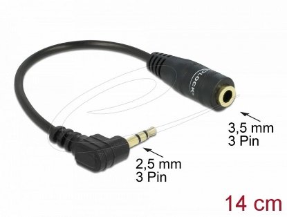 Adapter DELOCK, 2.5mm stereo audio jack (M) na 3.5mm stereo audio jack (Ž), kotni, črn