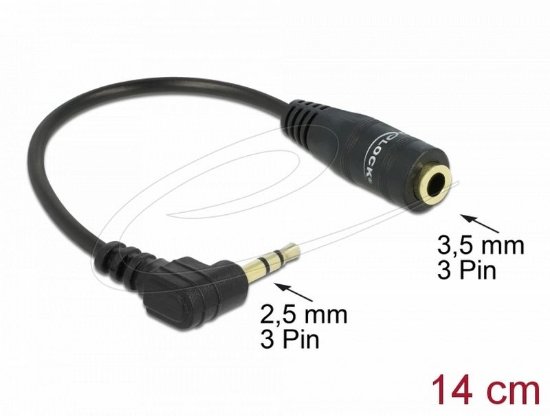 Adapter DELOCK, 2.5mm stereo audio jack (M) na 3.5mm stereo audio jack (Ž), kotni, črn