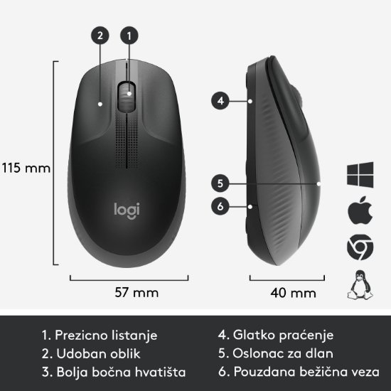 Miška LOGITECH M190, optična, brezžična, 1000dpi, črna