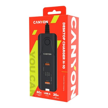 Polnilec CANYON H-10, 40W, 2xUSB-A, 2xUSB-C, PD, QC3.0, namizni, črni