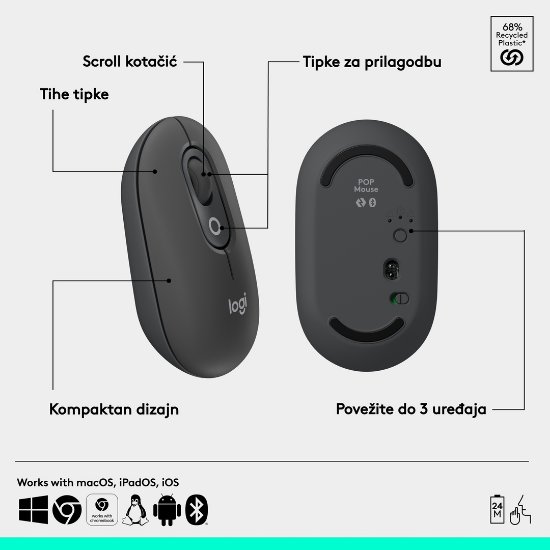 Miška LOGITECH POP, optična, brezžična, USB, BT, 1000dpi, siva