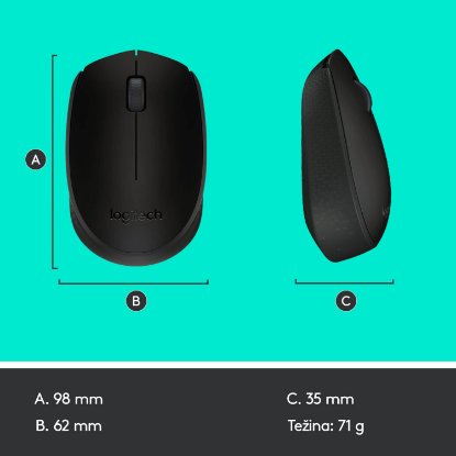 Miška LOGITECH B170, optična, 1000dpi, brezžična, črna, USB