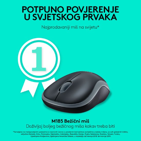 Miška LOGITECH M185, optična, brezžična, 1000dpi, crno-siva