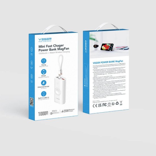 Mobilni USB polnilec VEGER MagFan, 10000 mAh, brezžični, i za Apple Watch, beli