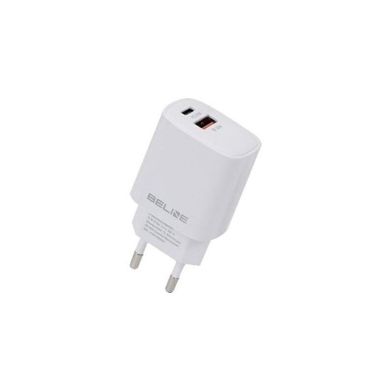 Polnilec BELINE BLN2CW30 GaN, 30W, PD3.0/QC3.0, USB-C + USB-A, beli