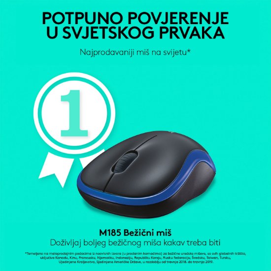 Miška LOGITECH M185, optična, brezžična, 1000dpi, crno-modra