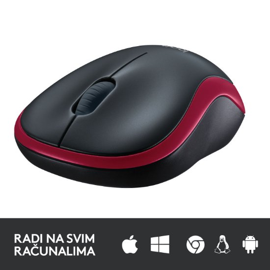 Miška LOGITECH M185, optična, brezžična, 1000dpi, crno-rdeči