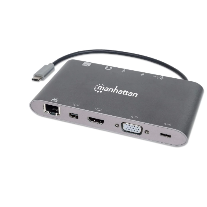 Priklopna postaja MANHATTAN, USB-C (M) na HDMI, Mini DP, VGA, USB-A, USB-C, Gigabit RJ45, SD/MicroSD bralnik, 3.5mm audio, sivi