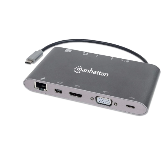 Priklopna postaja MANHATTAN, USB-C (M) na HDMI, Mini DP, VGA, USB-A, USB-C, Gigabit RJ45, SD/MicroSD bralnik, 3.5mm audio, sivi
