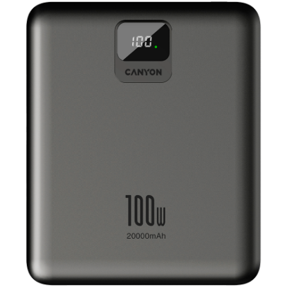 Mobilni USB polnilec CANYON PB-2008 LED Flat, 20000mAh, PD 100W, QC3.0, 2x USB-A, 2x USB-C, sivi