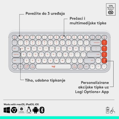 Tipkovnica LOGITECH POP Icon Keys, brezžična, US Layout, BT, belo-oranžna