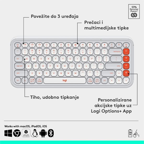 Tipkovnica LOGITECH POP Icon Keys, brezžična, US Layout, BT, belo-oranžna