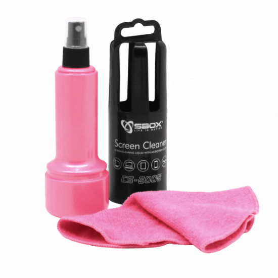 Čistilno sredstvo SBOX CS-5005, za čiščenje zaslonov z mikrovlaken krpo, 150 ml, roza