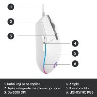 Miška LOGITECH Gaming G102 Lightsync, optična, 8000dpi, bela, USB