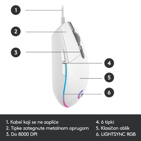 Miška LOGITECH Gaming G102 Lightsync, optična, 8000dpi, bela, USB
