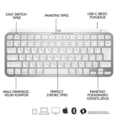 Tipkovnica LOGITECH MX Keys mini za Apple, brezžična, BT, srebrna