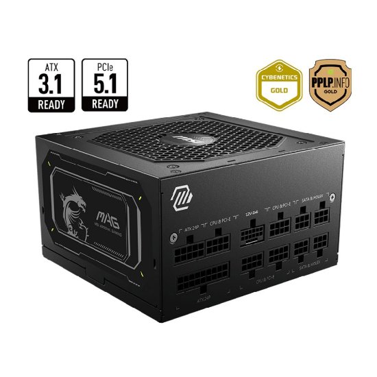 Napajalnik 850W, MSI MAG A850GL PCIE5 II, ATX v3.1, 120mm ventilator, modularno, 80+ Gold