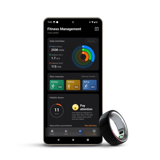 Pametni prstan HIFUTURE FutureRing S 57mm, spremljanje aktivnosti, srebrno-črn