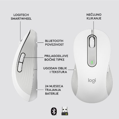 Miška LOGITECH M650 L, za levičarje, brezžična, optična, 4000dpi, USB, BT, bela
