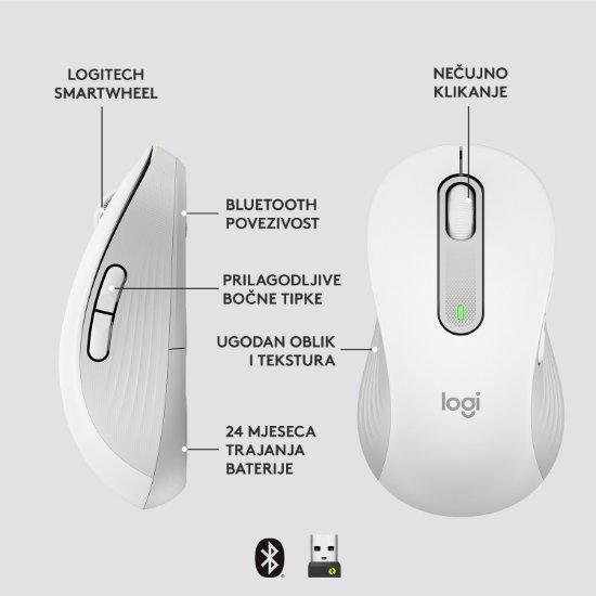 Miška LOGITECH M650 L, za levičarje, brezžična, optična, 4000dpi, USB, BT, bela