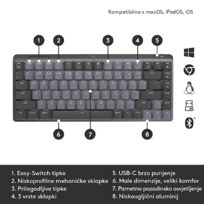 Tipkovnica LOGITECH MX Mechanical Mini Tactile Quiet, brezžična, BT, črna